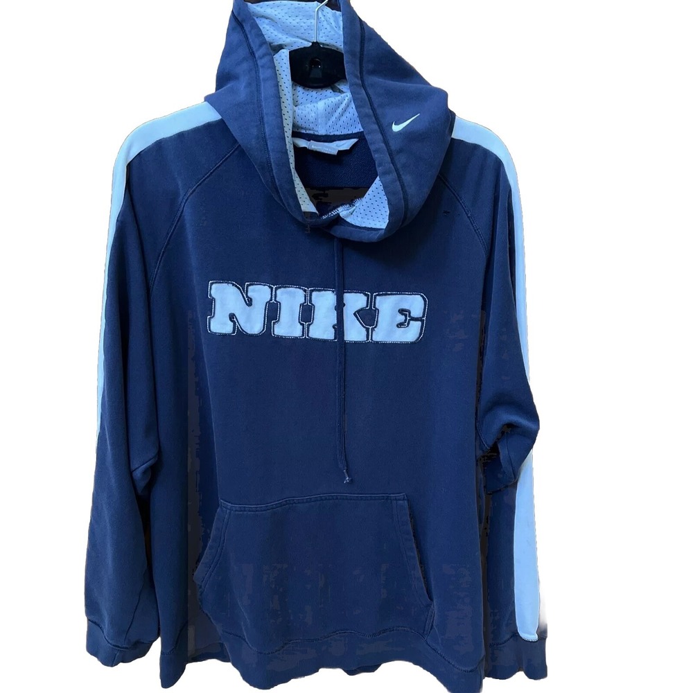 Nike Vintage Navy Blue Pullover Hoodie XL Mesh Hood Stripe Raglan Sweatshirt